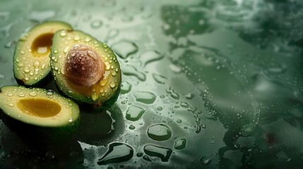 Wall Mural - Fresh cut avocado with drops of water on a green background with copy space, concept of healthy food, organic life. Generative AI