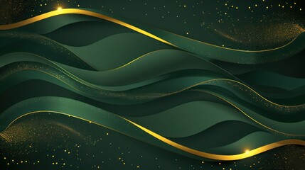 Wall Mural - Elegant image featuring undulating dark green shapes with golden lines and glitter, invoking a sense of luxury and movement