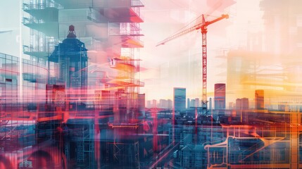 Wall Mural - Illustration digital building construction engineering with double exposure graphic design. Building engineers, architect people or construction workers working with modern civil equipment technology