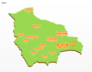 Naklejka na meble 3d vector illustration graphic green color geographical map of Bolivia with largest cities shown