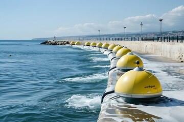 Wall Mural - A series of wave-powered buoys along a coastal promenade