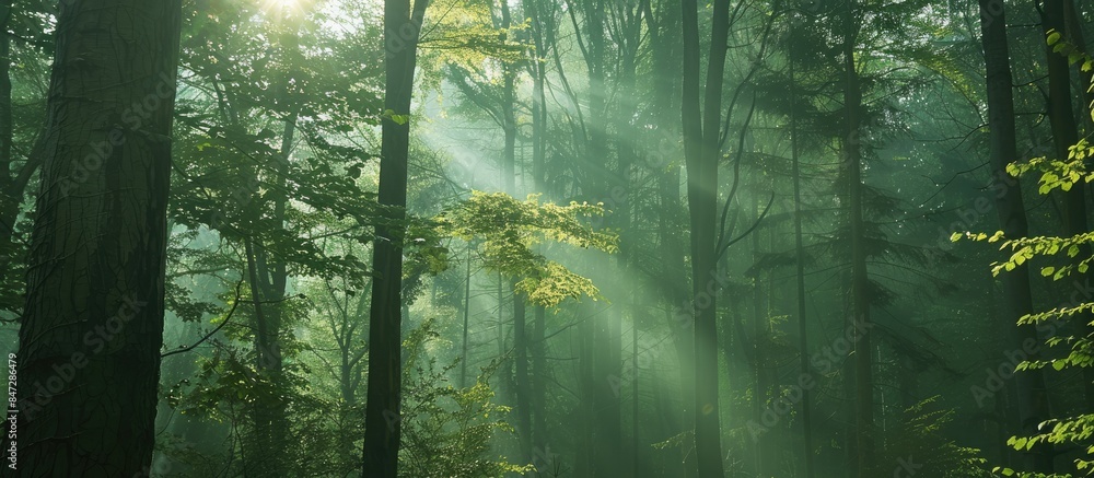 Sunlight filtering through tall trees in a spring forest, with the ...