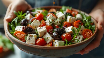 Canvas Print - A person is holding a bowl of salad with tomatoes, olives, and cheese