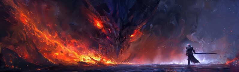 Knight with a sword facing the lava demon in hell, digital art style, illustration painting
