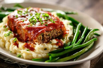 Wall Mural - Close-Up Delicious Savory Meatloaf With Mashed Potatoes And Green Beans In Food Restaurant Interior, Food Photography, Food Menu Style Photo Image