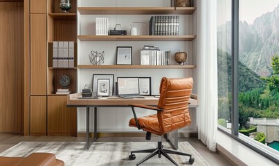 Poster - Stylish home office with a large window and a view of the mountains. AI.