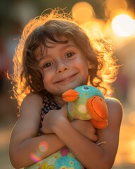 Poster - Portrait of a smiling girl hugging a stuffed animal. AI.