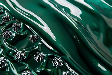 Wall Mural - A sleek, glossy emerald green surface with a subtle, embossed pattern of silver bells