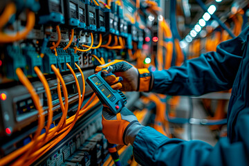 close-up of an electrical engineer's hands using an ac voltmeter to check voltage in the main power 