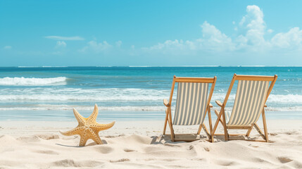 Wall Mural - Two empty striped chairs facing the ocean under a sunny sky, and a large starfish resting on the sand in the foreground