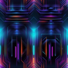 Wall Mural - Dark Seamless pattern of blue, purple, and yellow lights on a black background with glitch effect