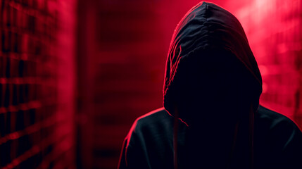 Hacker or scammer character in the dark with their face obscured by the hood, standing under dim red lighting
