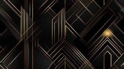 Sticker - Seamless pattern Abstract black and gold geometric background with glowing lines.