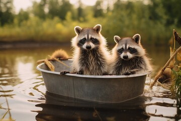 cute raccoons on the lake