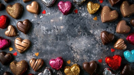 Canvas Print - Colorful chocolates heart shape and gold frame on Valentines Day background with top view and space for text