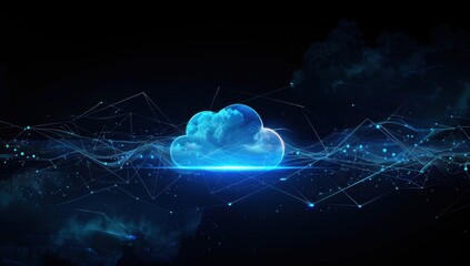 Wall Mural - Abstract cloud technology background with blue digital wave and data connection, futuristic design for web banner or presentation on black backdrop Generative AI