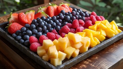 Wall Mural - A tray of fruit with strawberries, blueberries, raspberries, and mangoes