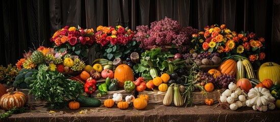 Wall Mural - Engaging and Natural Version: Fresh Vegetarian Fall Harvest Display Featuring Local Market's Seasonal Produce and Vegan Elements