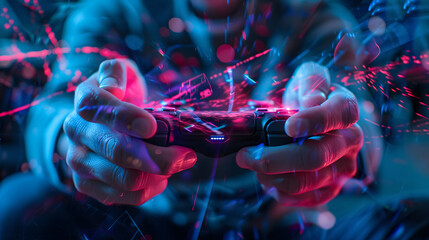 Poster - controller in man's hands playing video games in living room with rgb lights