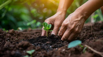 man planting a small plant in his vegetable garden