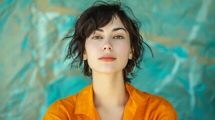Wall Mural - A woman with a large hoop earring and orange shirt, AI