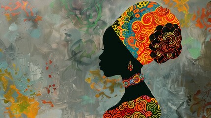 Canvas Print - A painting of a woman in an african dress with colorful flowers, AI