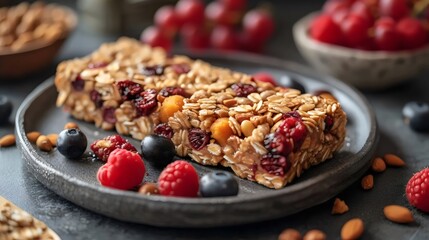 Poster - A plate of granola with berries and nuts on a table