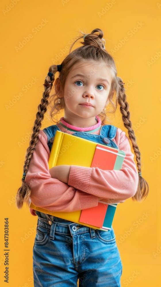 Vertical image of a school girl with books and notebooks on a ...