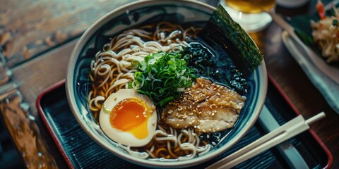 Wall Mural - A photo of a bowl of ramen with a boiled egg sitting on top