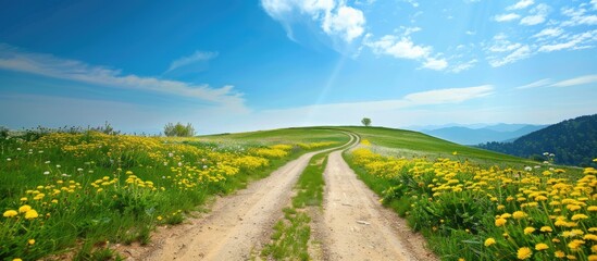 Poster - Sunny Spring Day: Scenic Country Road with Blue Sky, Green Fields, and Dandelions