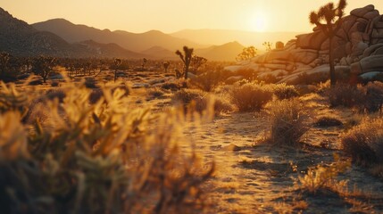 Desert landscape with sunset over mountain range, short grass and rock formations