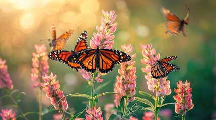 Sticker - Monarch Butterflies on Pink Flowers in a Sunlit Meadow