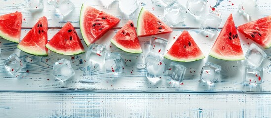 Wall Mural - Vibrant summer vibes with slices of watermelon. Cool red watermelon cooler with ice on a white wooden surface.