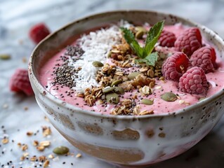 Wall Mural - A bowl of creamy yogurt topped with sweet raspberries and crunchy granola for a healthy snack or breakfast