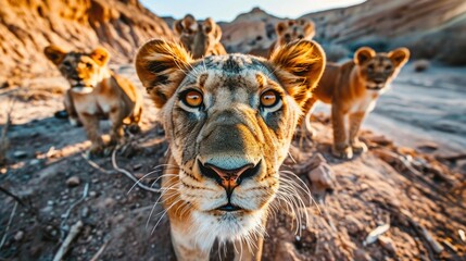 Wall Mural - group of lions standing on a dirt field, natural habitat