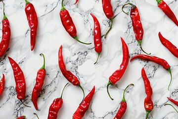 A group of red hot peppers sit on a white marble surface, adding a pop of color to the scene