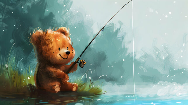 a brown teddy bear with black eyes and a black nose sits in the water, holding a fishing rod, while its brown ear peeks out from behind its fur