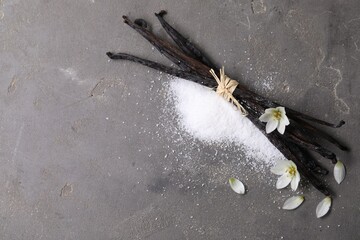Wall Mural - Vanilla pods, sugar, flowers and petals on gray textured table, flat lay. Space for text