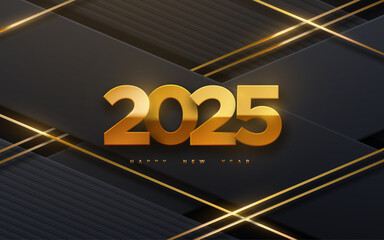 Poster - Happy New 2025 Year. Vector holiday illustration of golden numbers 2025 on black geometric background