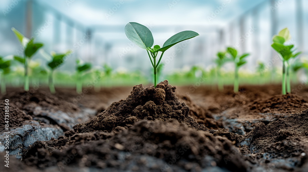 A close-up view of a vibrant young plant sprouting from rich, dark soil ...