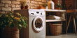 © vefimov - A white washing machine sits in front of a brick wall, a simple scene
