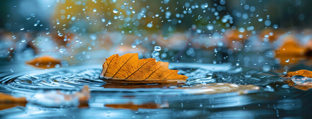 wide background image of a rain drop falling to water surface and splash in a rainy day and yellow color leaf floating on water 