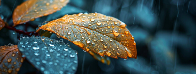 Wall Mural - A beautiful macro closeup image of blue and yellow natural plant leaves in a rainy day with water dew on it