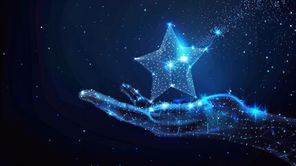 Wall Mural - A hand holding a star in a dark blue background. The star is surrounded by a blue glow, giving it a sense of importance and significance