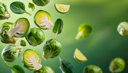 Wall Mural - Photograph of brussels sprouts cut in the air