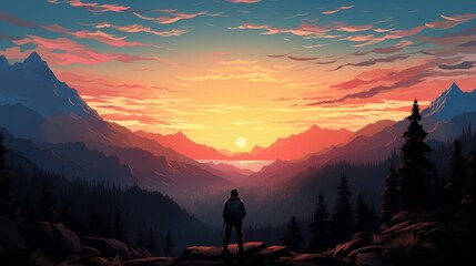 Wall Mural - Hiker admiring a breathtaking sunset over a mountain valley.