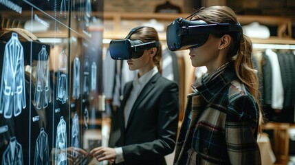 A man and a woman are standing in a room wearing virtual reality headsets. They are both looking at something on a table in front of them