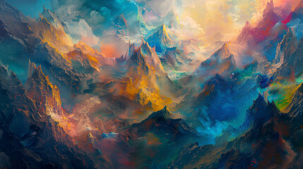 mystical mountains with glowing peaks and ethereal light