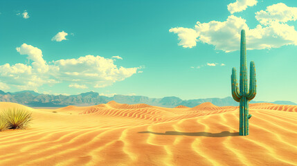 Wall Mural - A desert landscape, vast dunes, undulating shapes, golden sands under a bright blue sky. Lonely cactus standing tall, distant mountains on the horizon, heat waves creating a shimmering effect. Created
