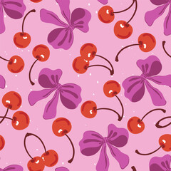 Poster - Seamless pattern cherries and coquette ribbon bow. Sweet red cherry, purple bow. Aesthetic wallpaper in trendy retro vintage style. Cute hand drawing cartoon vector illustration isolated on pink